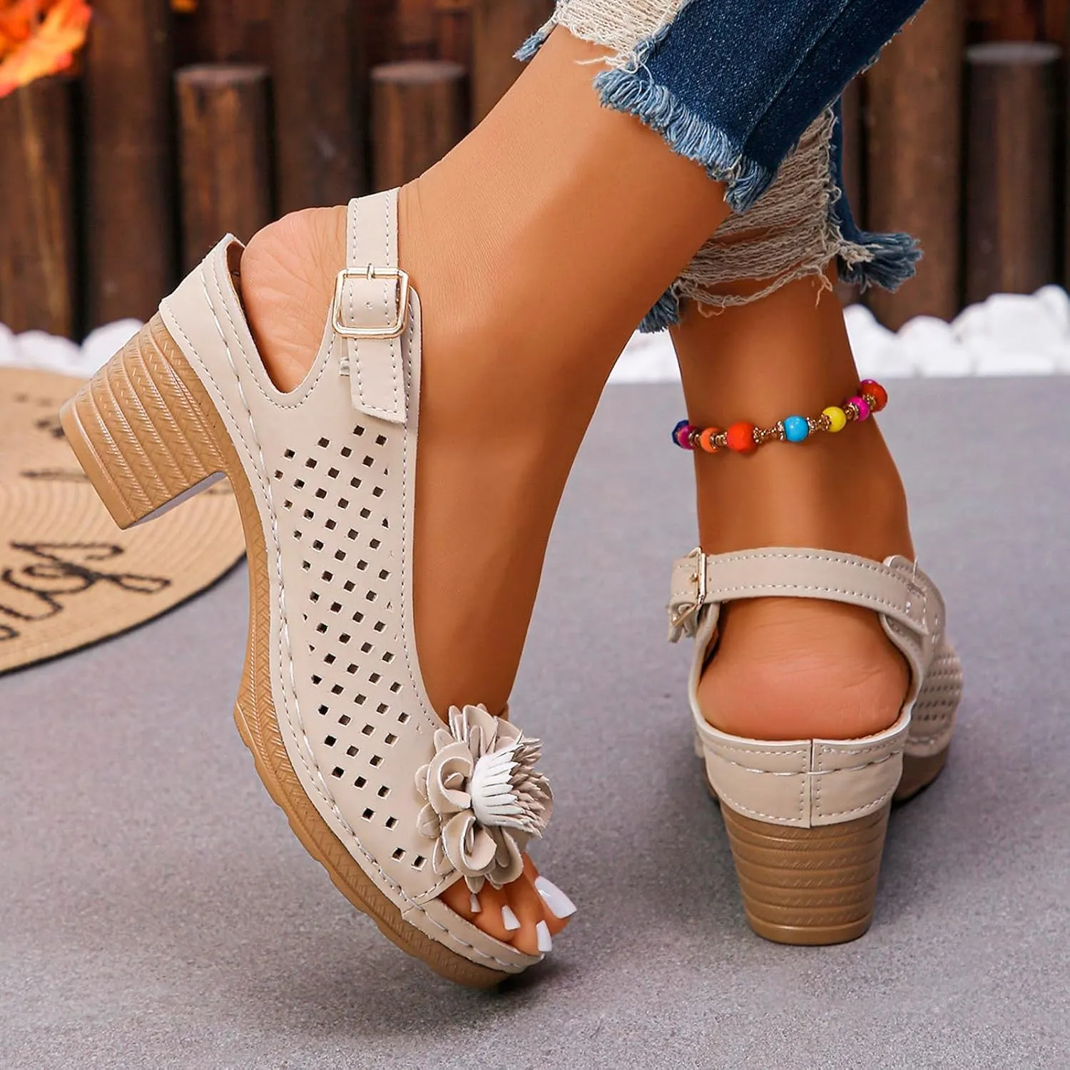 Block Heel Sandals for Women Comfortable Hollow Out Flowers Fish Mouth Slingback Sandals Summer Casual Slip on Dressy Shoes