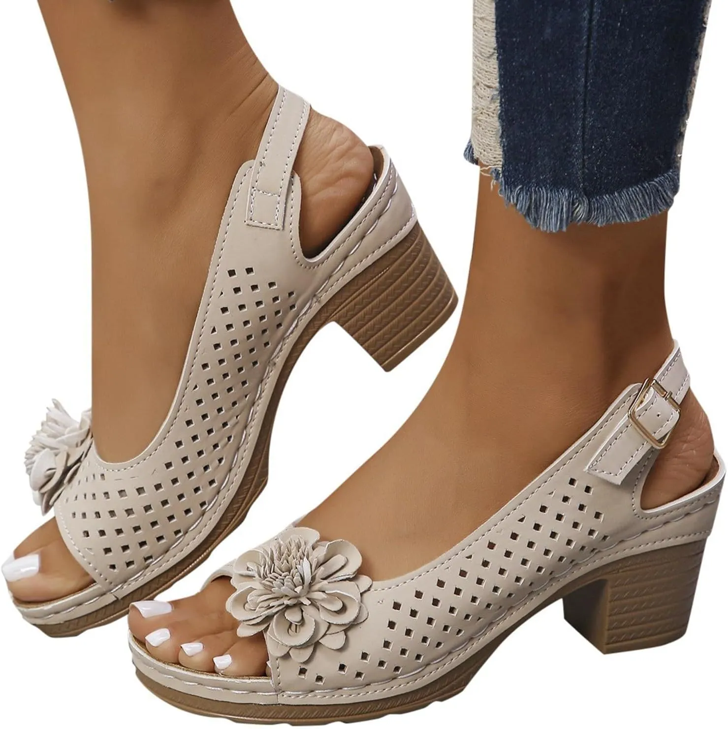 Block Heel Sandals for Women Comfortable Hollow Out Flowers Fish Mouth Slingback Sandals Summer Casual Slip on Dressy Shoes
