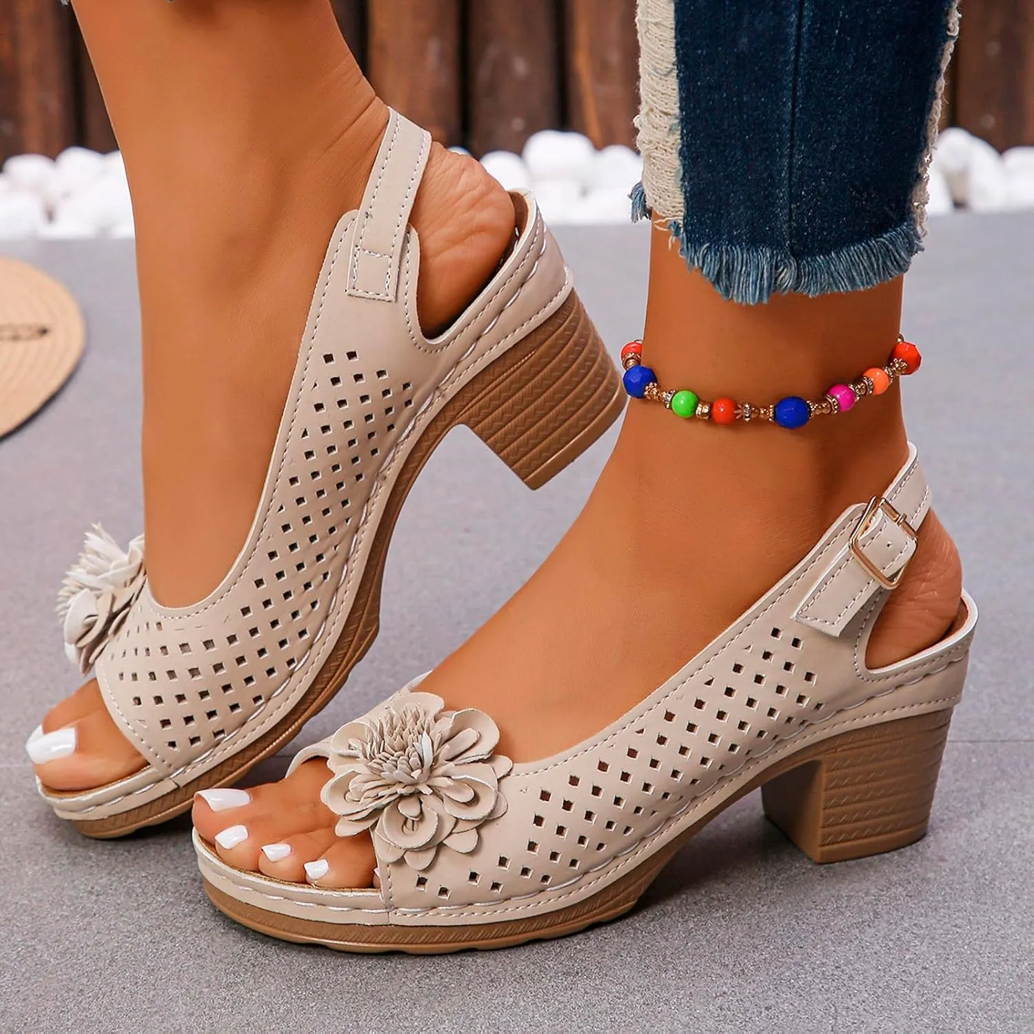 Block Heel Sandals for Women Comfortable Hollow Out Flowers Fish Mouth Slingback Sandals Summer Casual Slip on Dressy Shoes