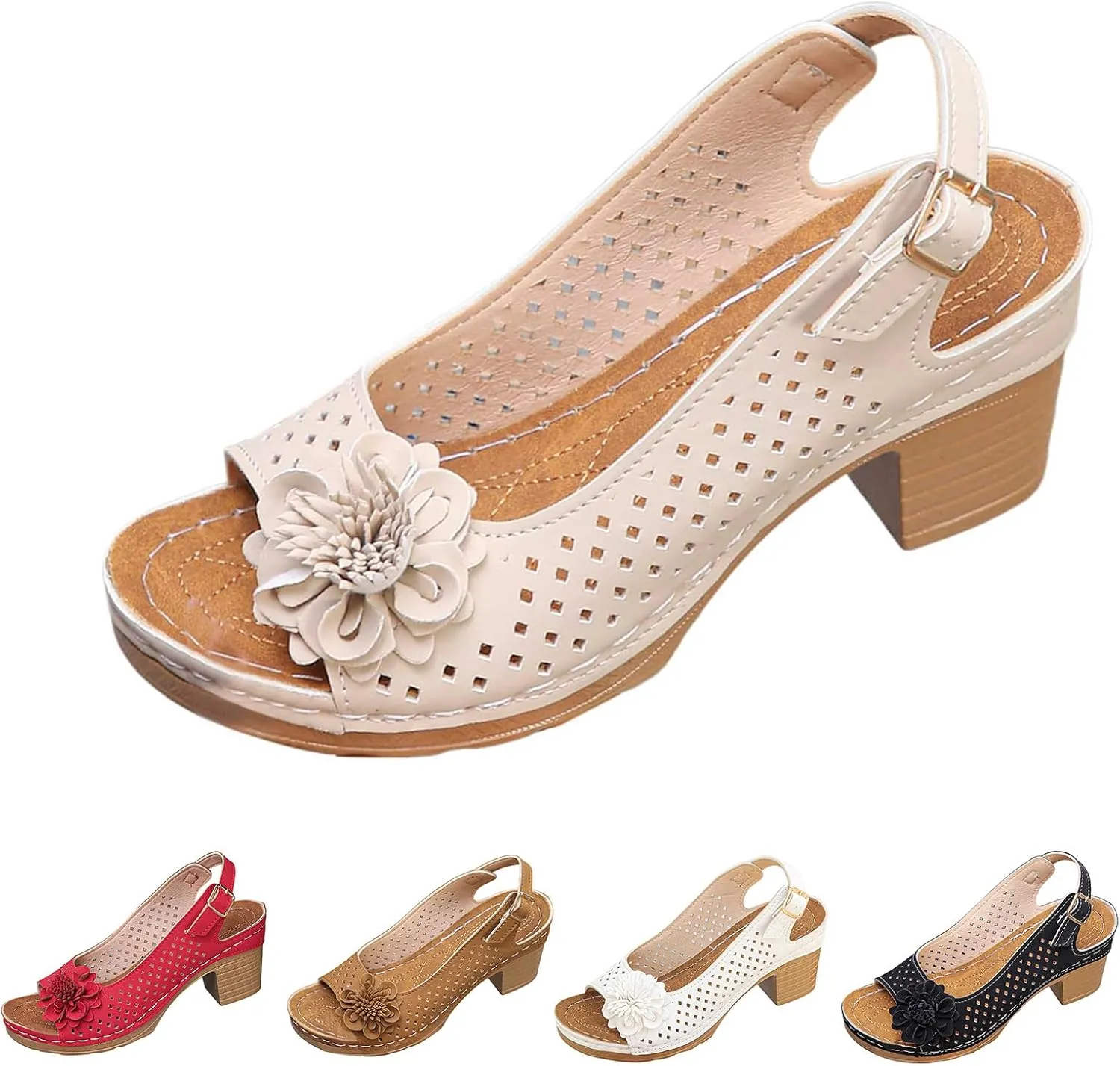 Block Heel Sandals for Women Comfortable Hollow Out Flowers Fish Mouth Slingback Sandals Summer Casual Slip on Dressy Shoes