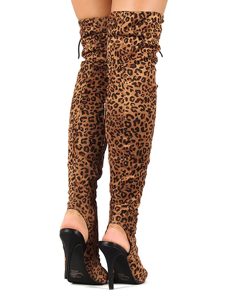 Breckelles Randi-23 Leopard Lace Up Stiletto Heeled Peep Toe Thigh High Boots