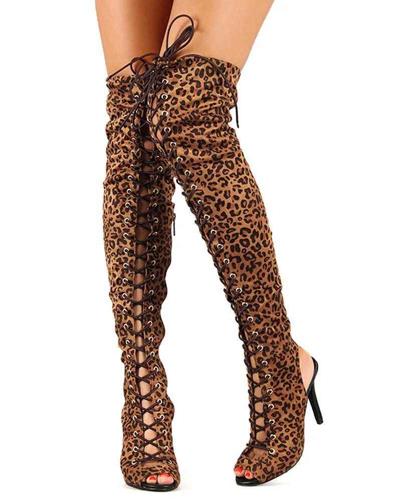 Breckelles Randi-23 Leopard Lace Up Stiletto Heeled Peep Toe Thigh High Boots