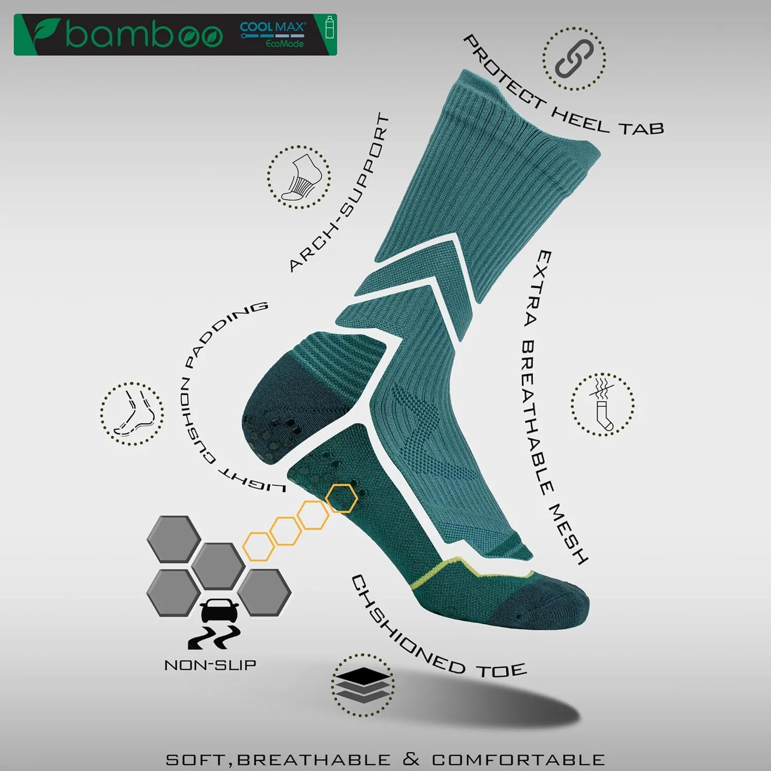 BRISIRA Coolmax Bamboo Viscose Compression Anti Blister Hiking Socks Crew Mid Calf Moisture Wicking Anti Odor Tennis Cushion