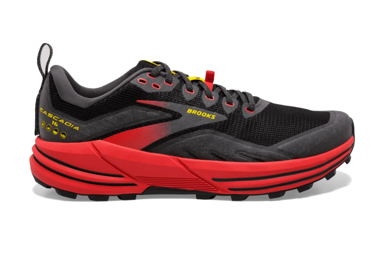 Brooks Cascadia 16 (D Width) - Black/Fiery Red/Yellow (Mens)