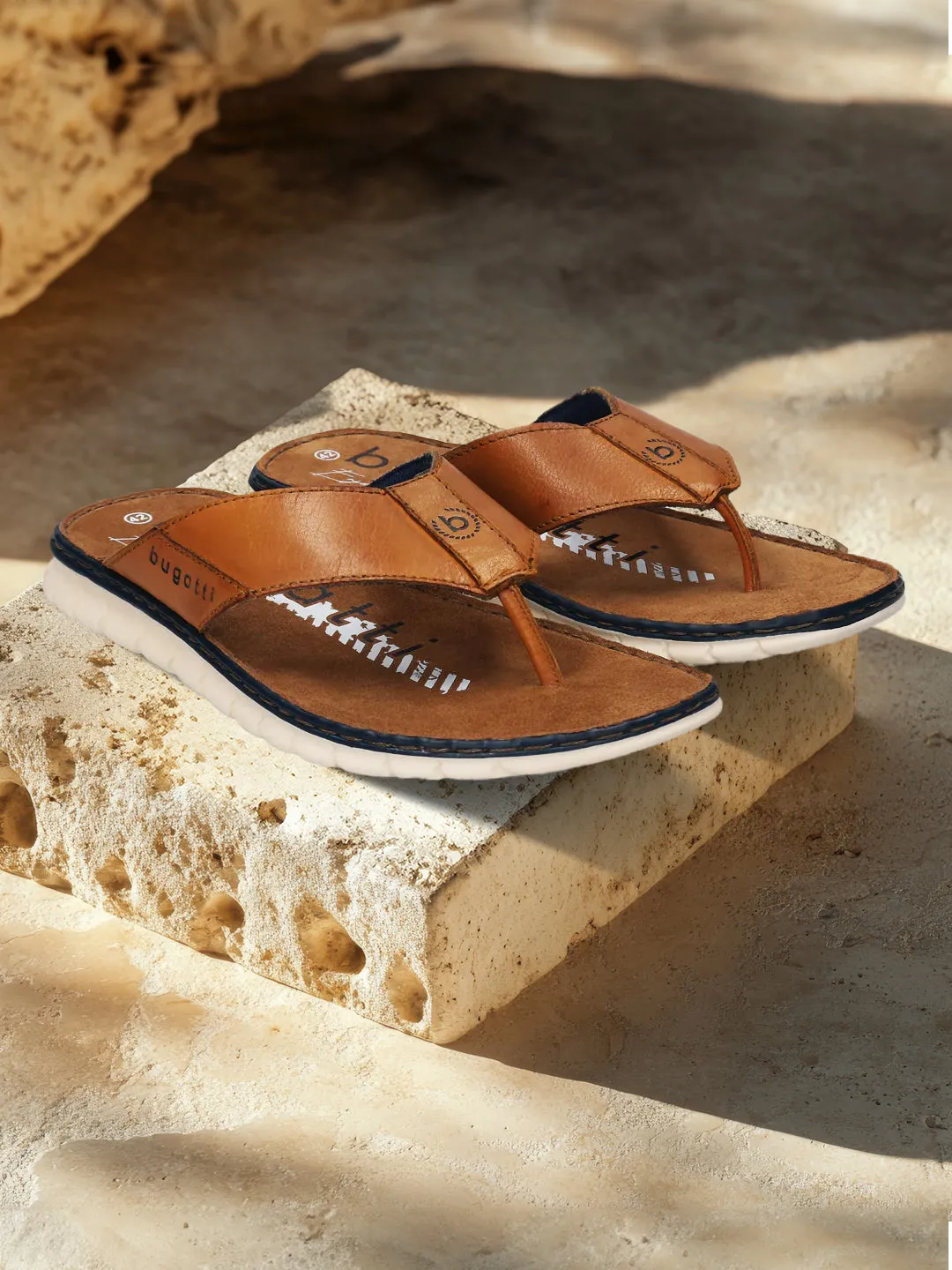 bugatti Cognac Premium Leather Thongs Sandals