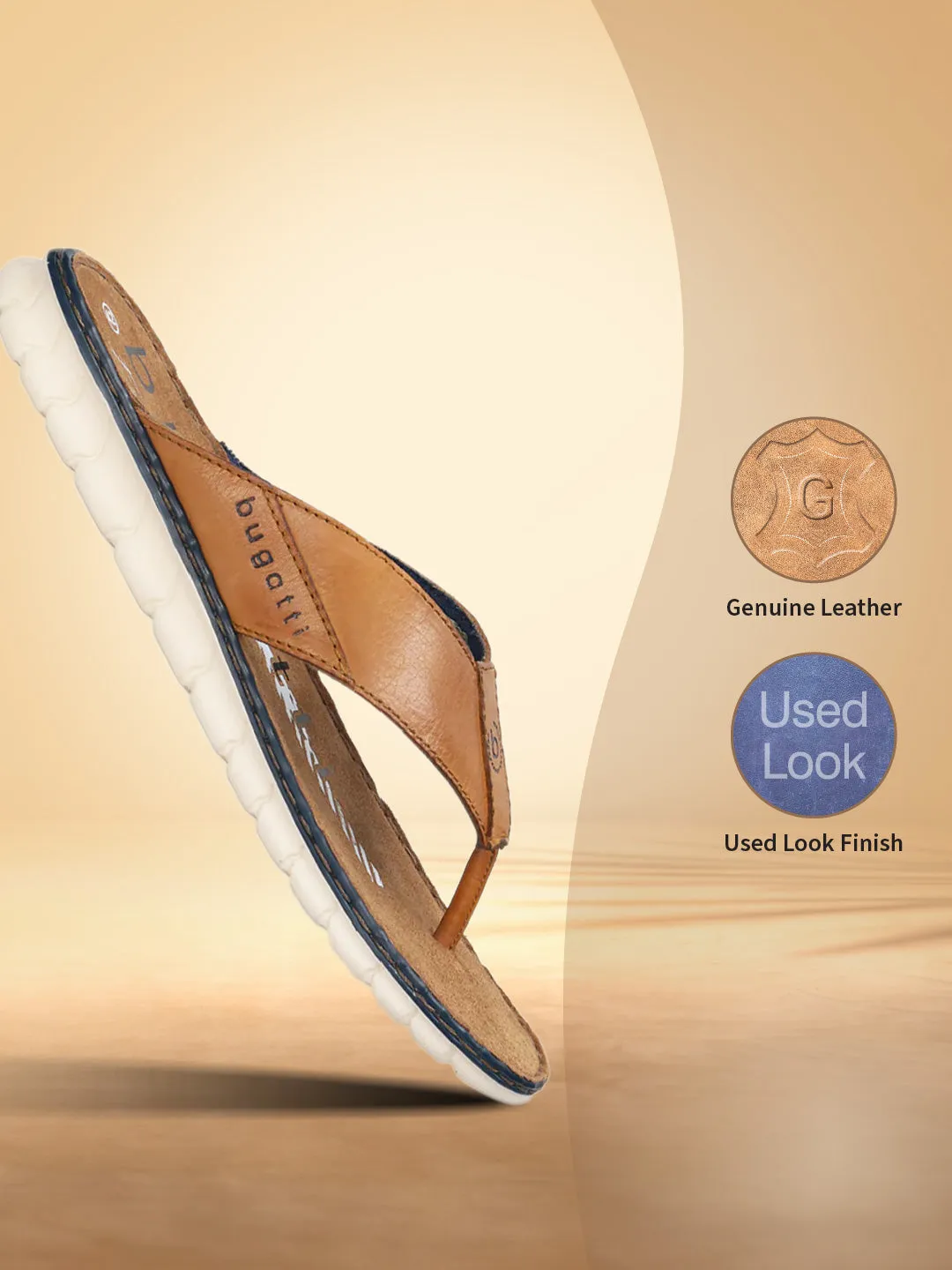 bugatti Cognac Premium Leather Thongs Sandals
