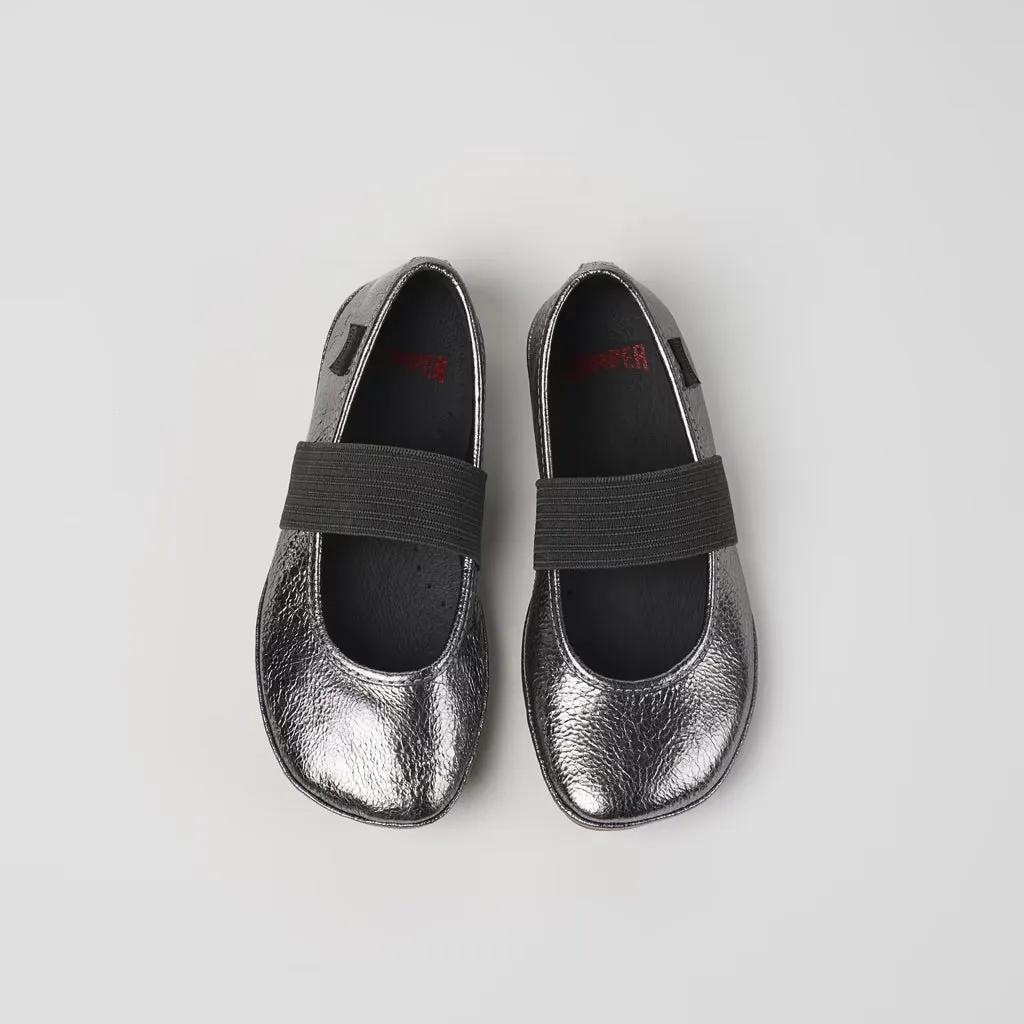 Camper For Kids Metallic Grey Leather Ballerinas