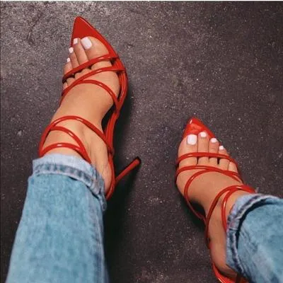 Cape Robbin Ada Strappy Pointy Open Toe Ankle Strap Stiletto Heel Sandals Red