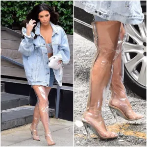 Cape Robbin Ella-6 Transparent Pointy Toe Block Chunky Clear Heel High Boots