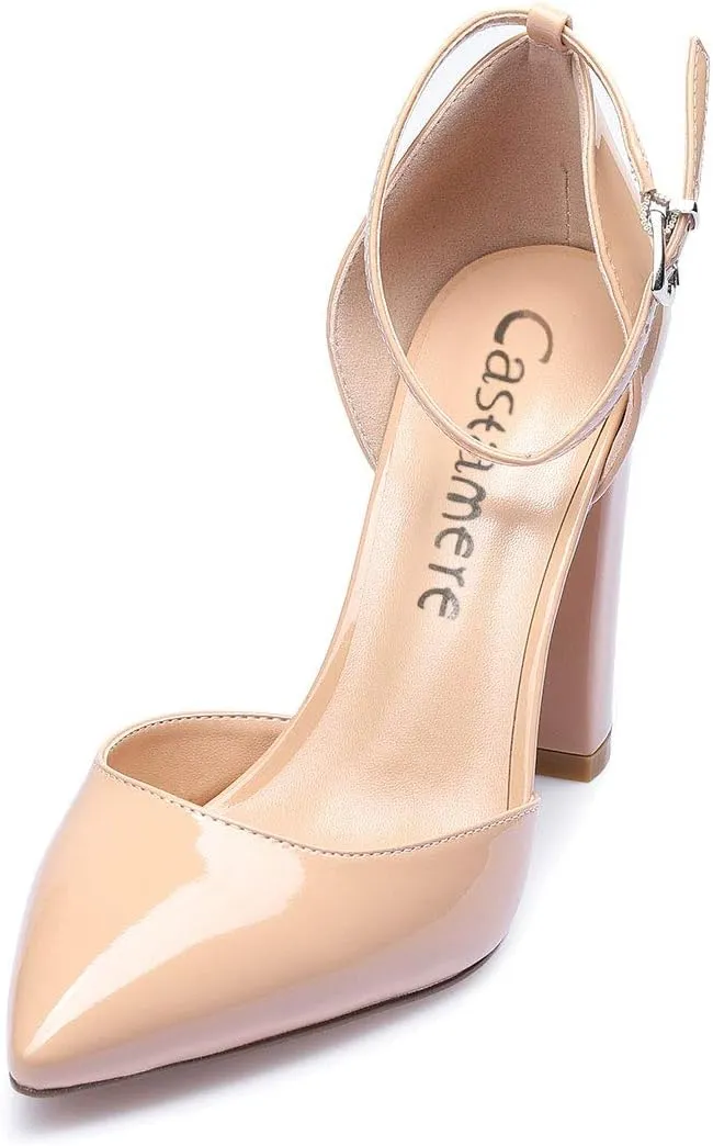 Castamere Womens High Heels Chunky Block Heel Sandals Pointed Toe Ankle Strap Pumps 10CM