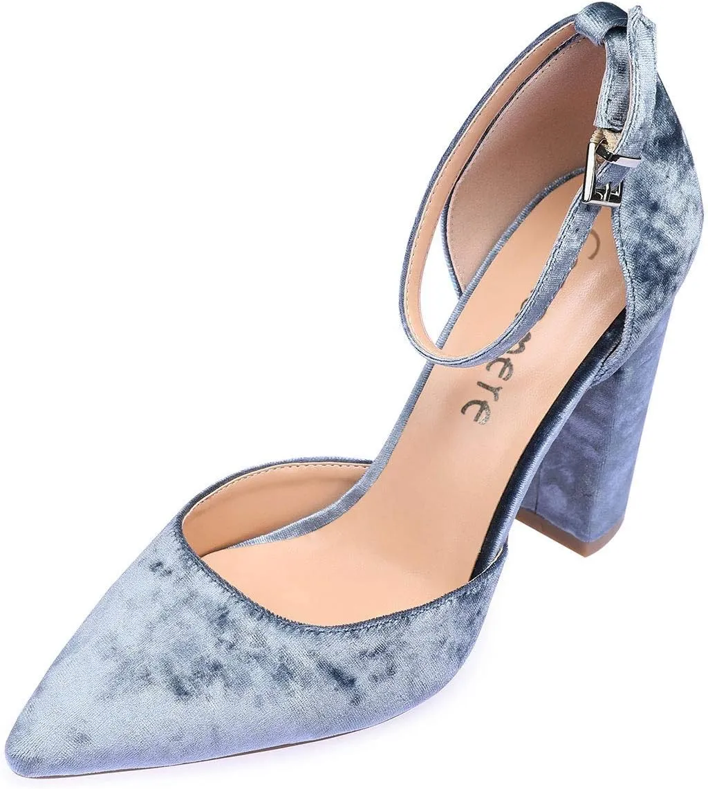 Castamere Womens High Heels Chunky Block Heel Sandals Pointed Toe Ankle Strap Pumps 10CM