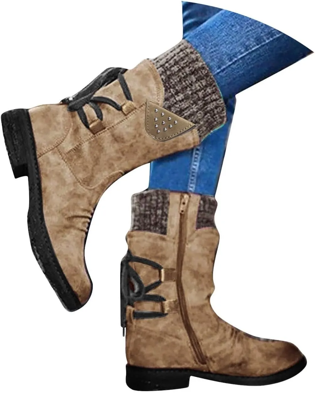Cathalem Boots for Women Knee-High Boots Comfortable Chunky Block Heel Pointed Toe Pull On Side Zipper Lace Up Riding Boots