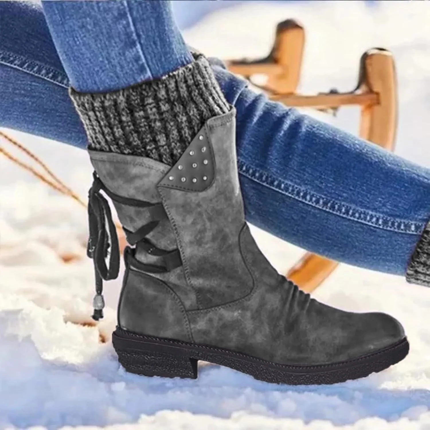 Cathalem Boots for Women Knee-High Boots Comfortable Chunky Block Heel Pointed Toe Pull On Side Zipper Lace Up Riding Boots