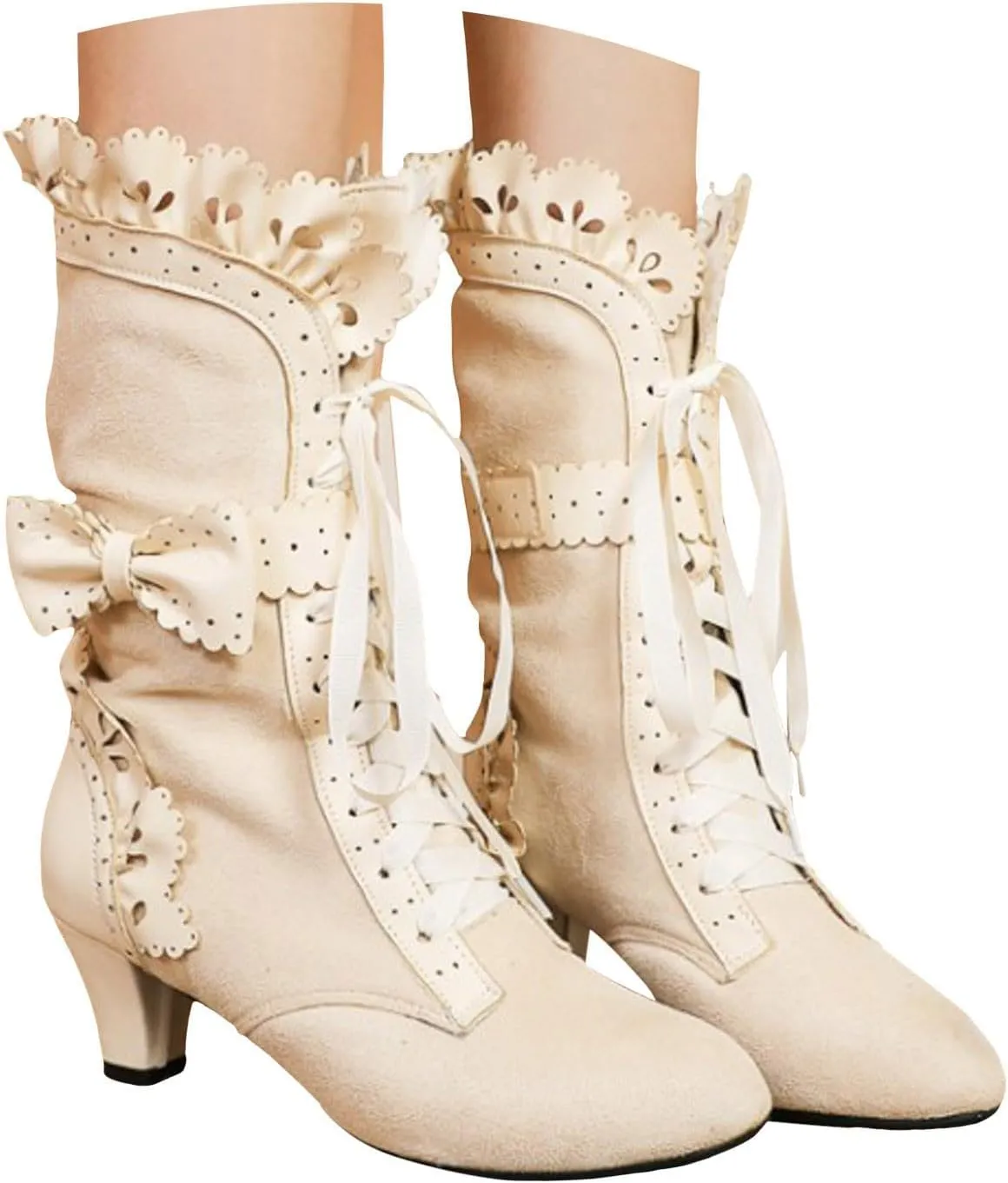 Cathalem Halloween Boots for Women, 2024 Vintage Victorian Boots 70s Lace Up Mid Calf Renaissance Boots Fall Winter Boots