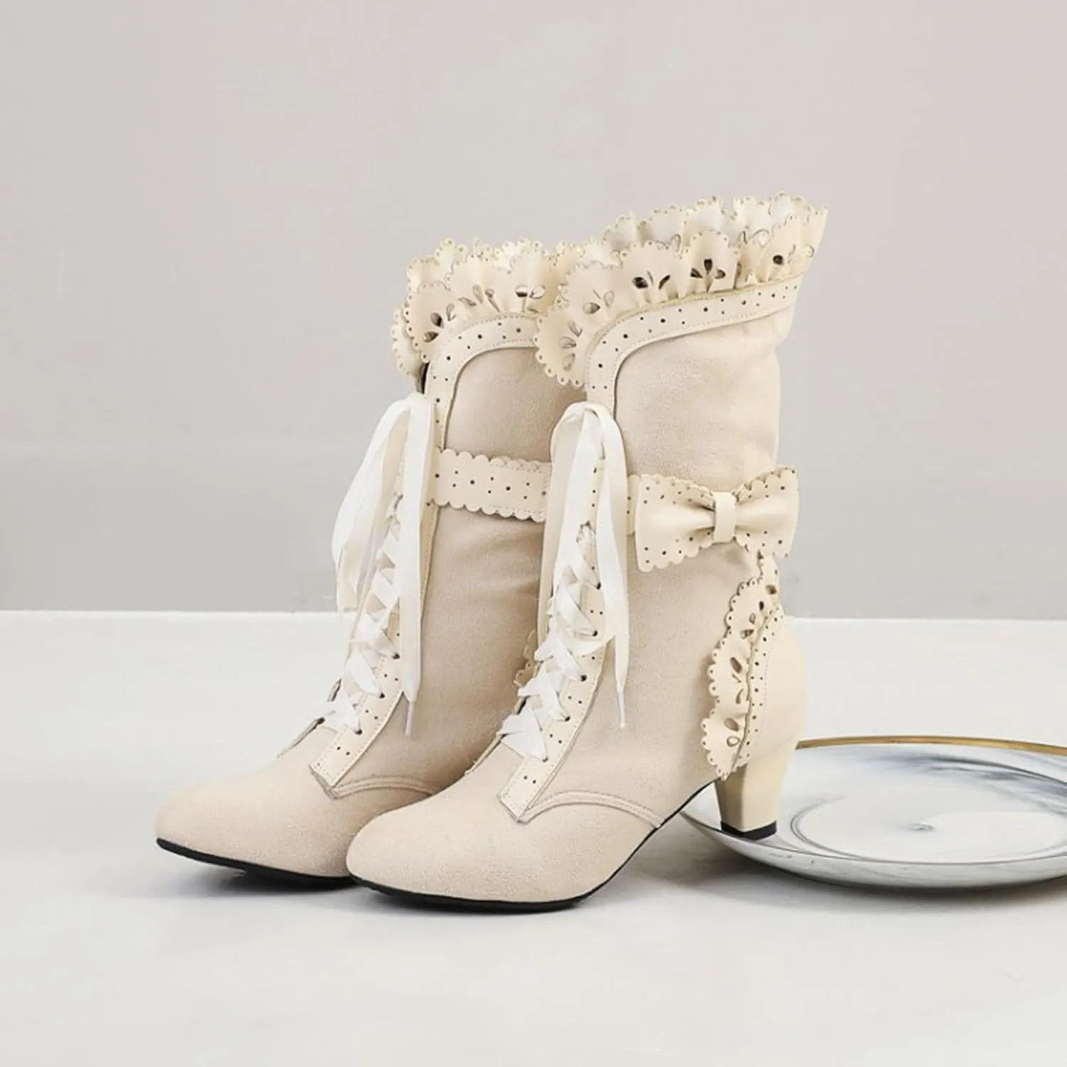 Cathalem Halloween Boots for Women, 2024 Vintage Victorian Boots 70s Lace Up Mid Calf Renaissance Boots Fall Winter Boots