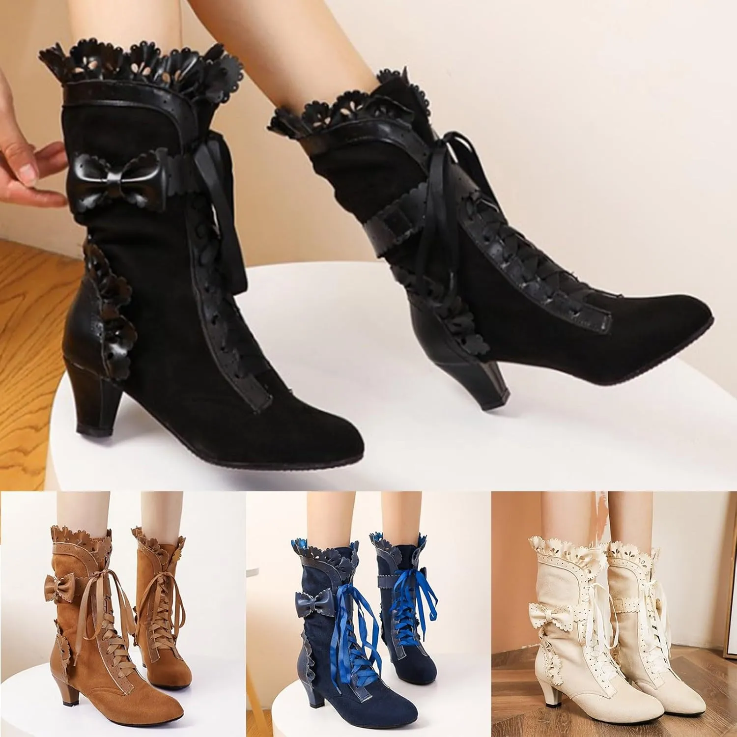Cathalem Halloween Boots for Women, 2024 Vintage Victorian Boots 70s Lace Up Mid Calf Renaissance Boots Fall Winter Boots