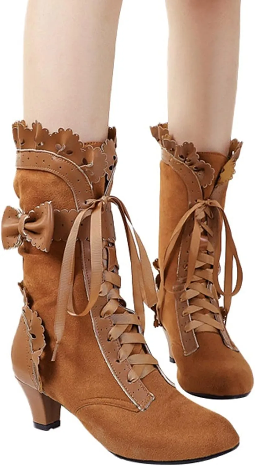 Cathalem Halloween Boots for Women Women Vintage Victorian Boots 70s Lace Up Mid Calf Renaissance Boots Fall Winter Boots