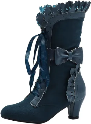 Cathalem Victoria Boots for Women 2024 Halloween Lace High Heels Punk Mid Calf Booties Round Toe Suede Lace Up Vintage Boots