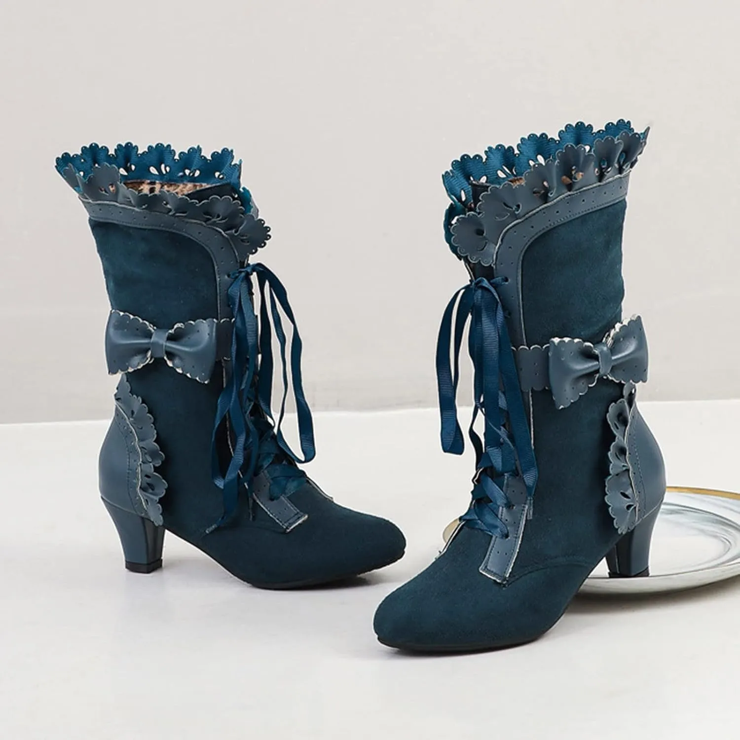 Cathalem Victoria Boots for Women 2024 Halloween Lace High Heels Punk Mid Calf Booties Round Toe Suede Lace Up Vintage Boots