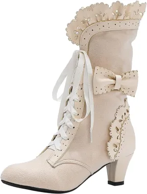 Cathalem Victoria Boots for Women 2024 Halloween Lace High Heels Punk Mid Calf Booties Round Toe Suede Lace Up Vintage Boots