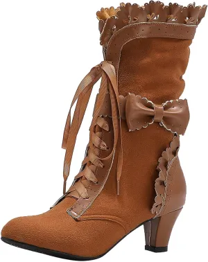 Cathalem Victoria Boots for Women 2024 Halloween Lace High Heels Punk Mid Calf Booties Round Toe Suede Lace Up Vintage Boots