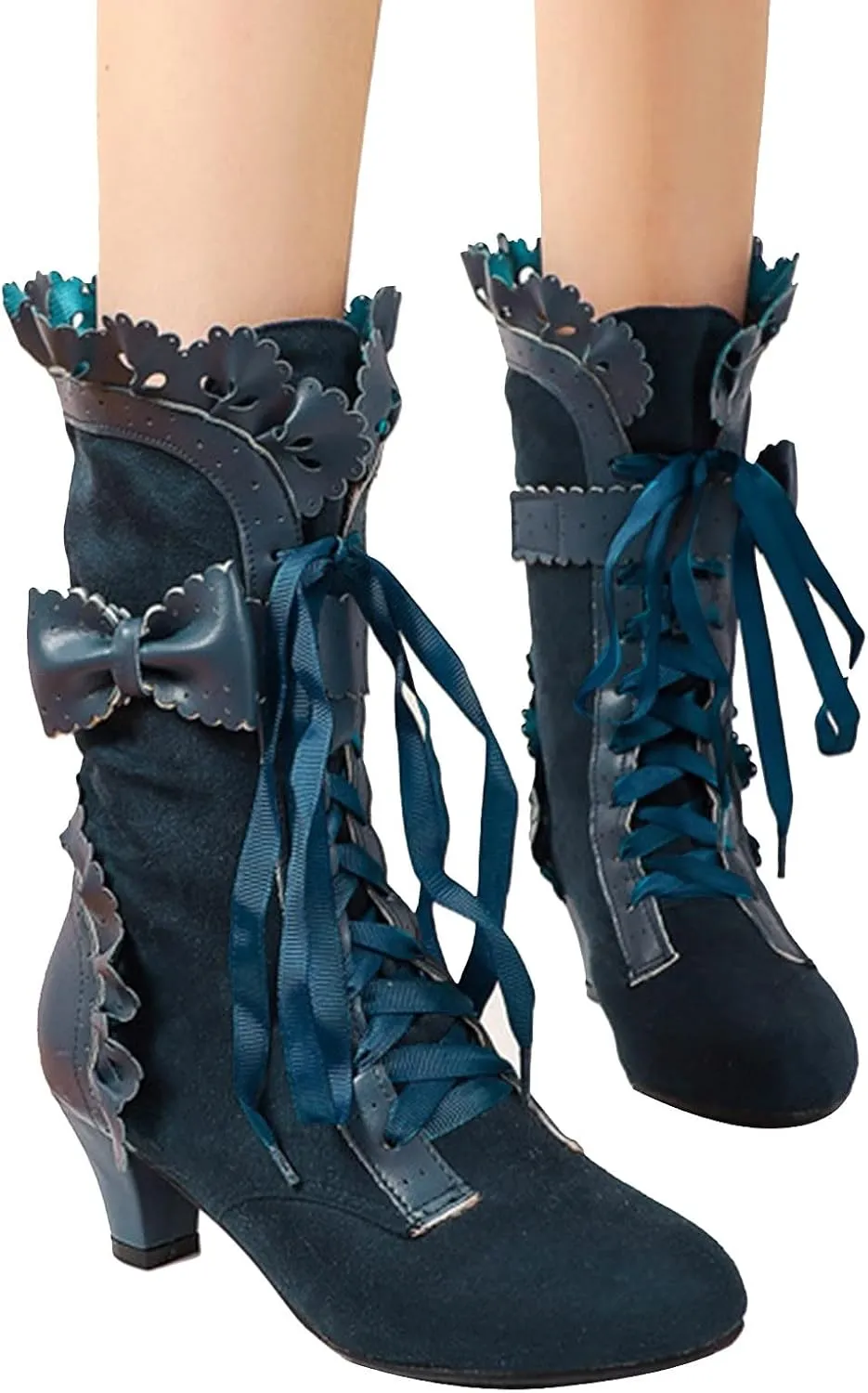Cathalem Victoria Boots for Women 2024 Halloween Lace High Heels Punk Mid Calf Booties Round Toe Suede Lace Up Vintage Boots