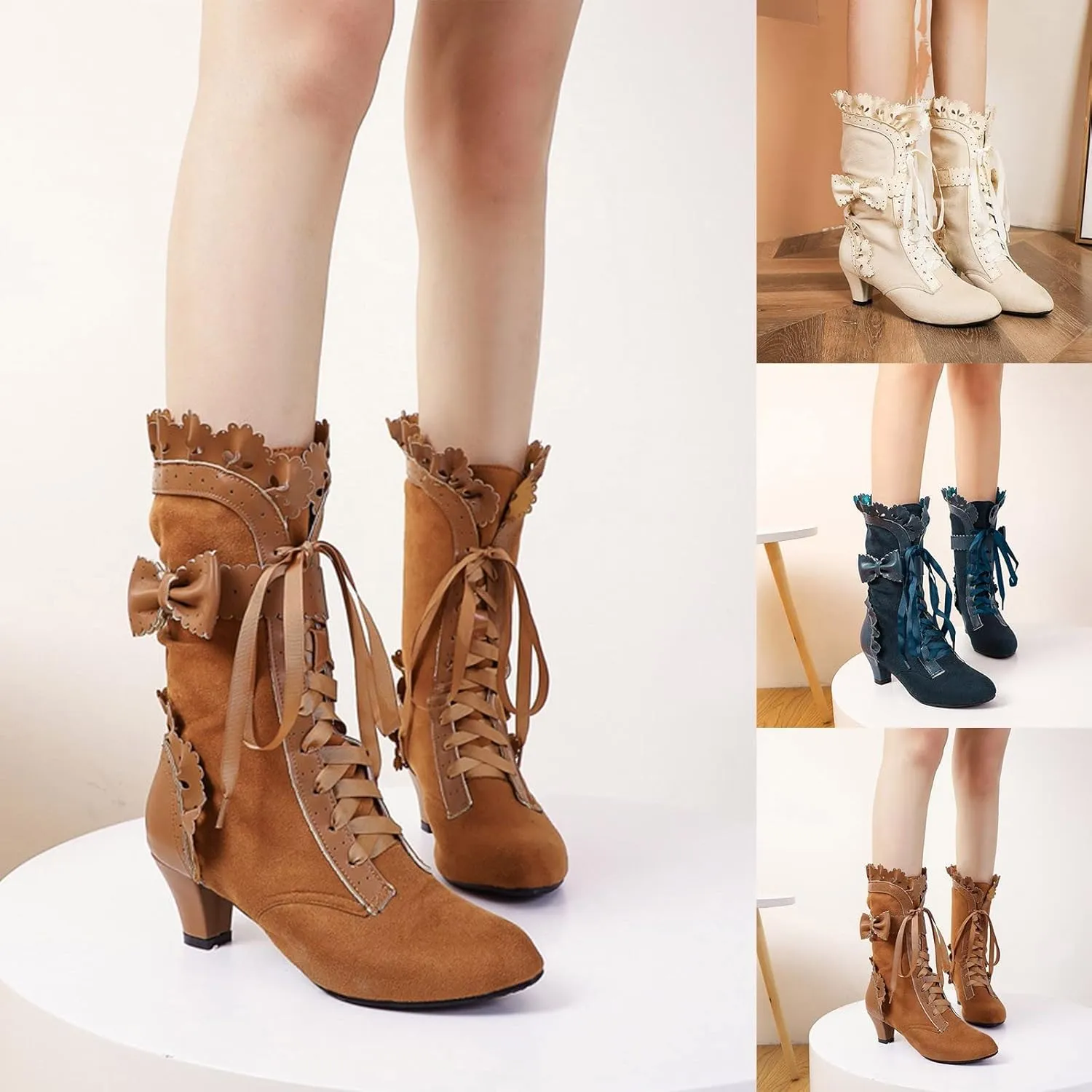 Cathalem Wide Calf Boots for Women, Victorian Boots for Women Sweet Bow Boots Mid Heels Lace Up Victorian Boots Halloween