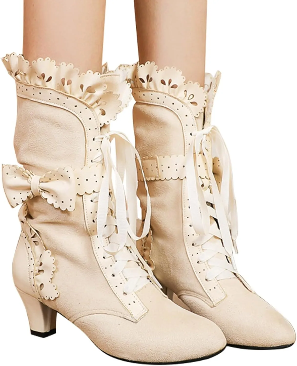 Cathalem Wide Calf Boots for Women, Victorian Boots for Women Sweet Bow Boots Mid Heels Lace Up Victorian Boots Halloween