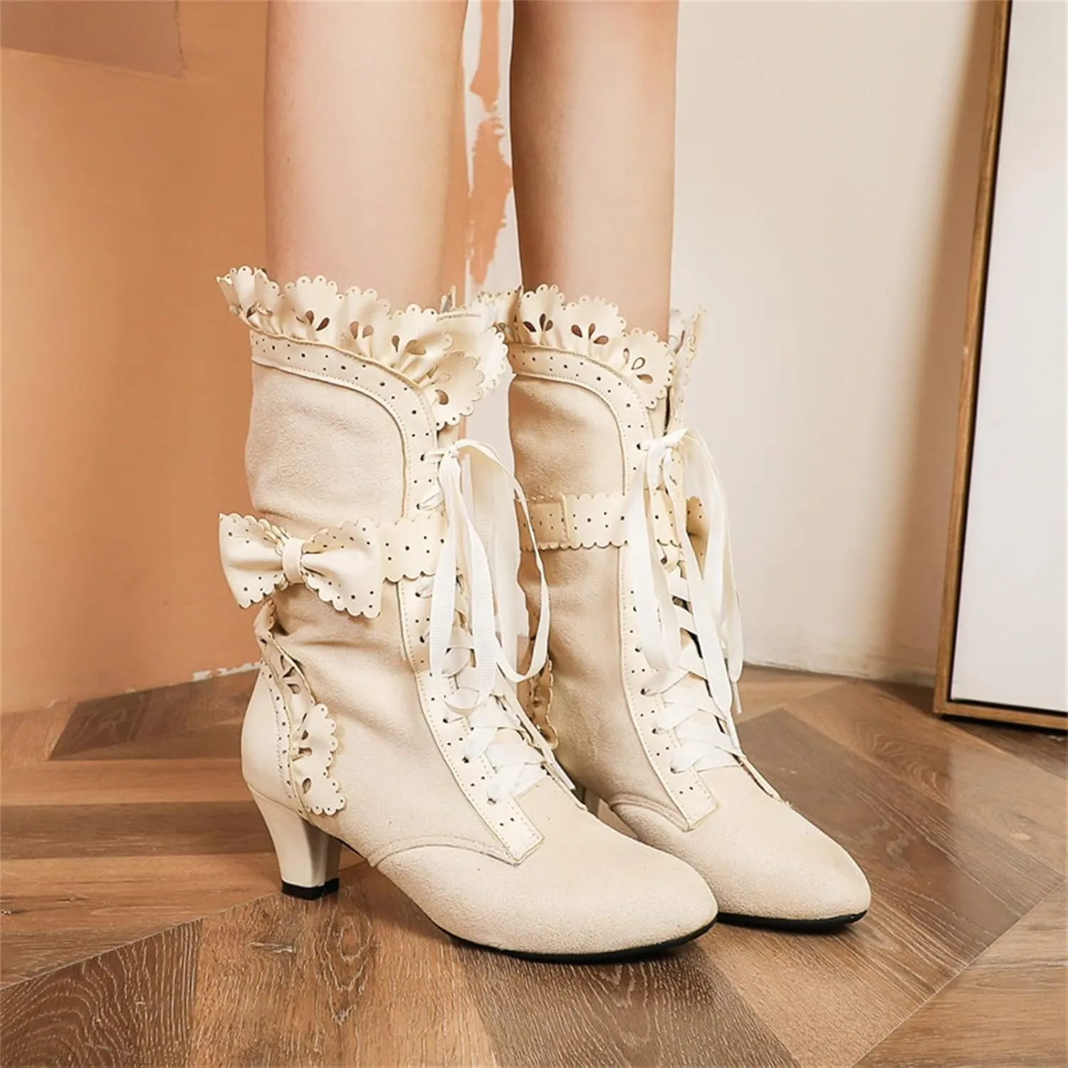 Cathalem Wide Calf Boots for Women, Victorian Boots for Women Sweet Bow Boots Mid Heels Lace Up Victorian Boots Halloween