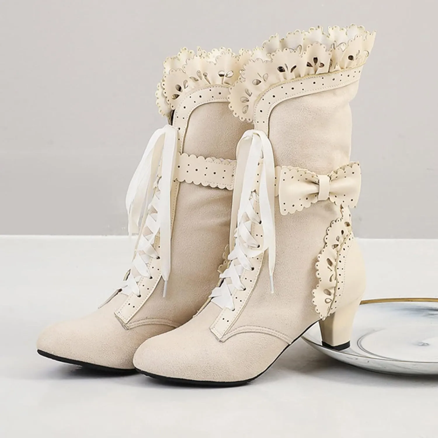 Cathalem Wide Calf Boots for Women, Victorian Boots for Women Sweet Bow Boots Mid Heels Lace Up Victorian Boots Halloween