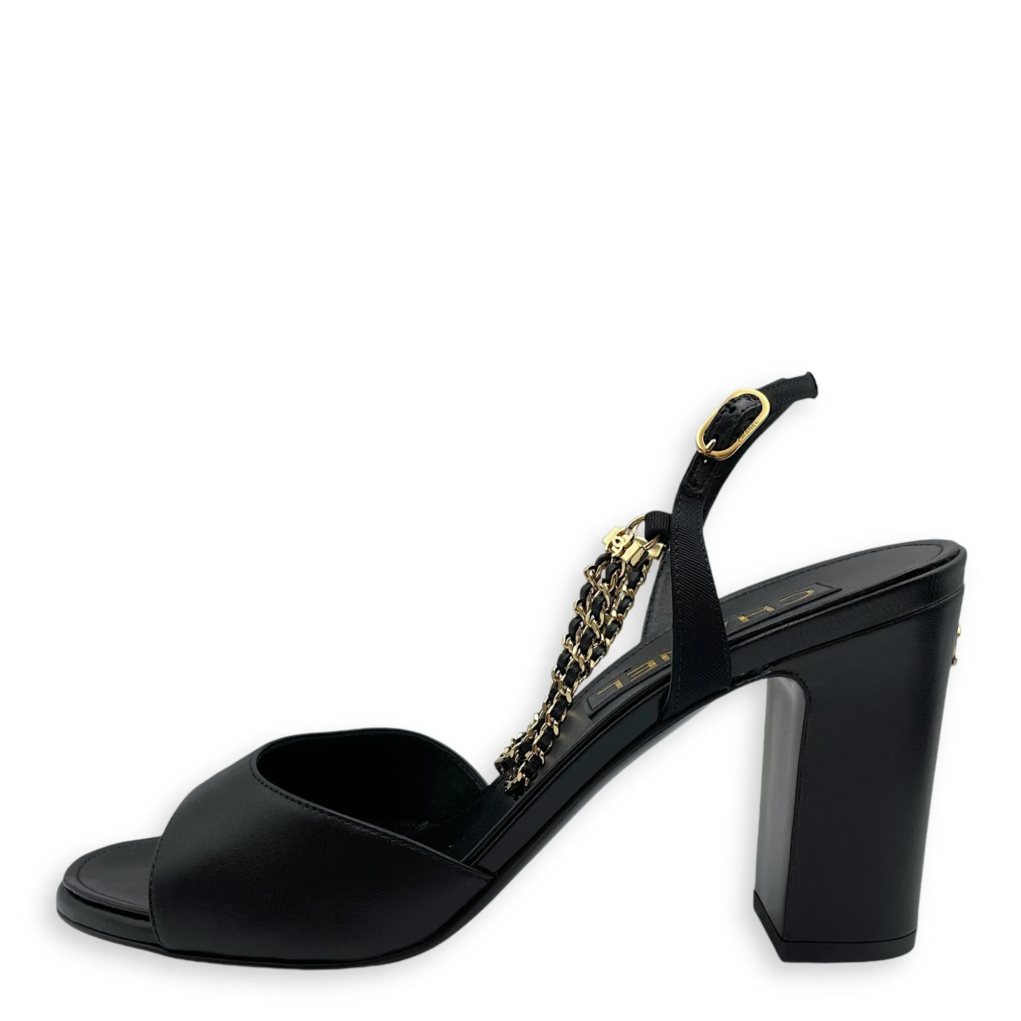 CC Chain Slingback (10cm) 37.5C Black Heels in Lambskin, Gold hardware