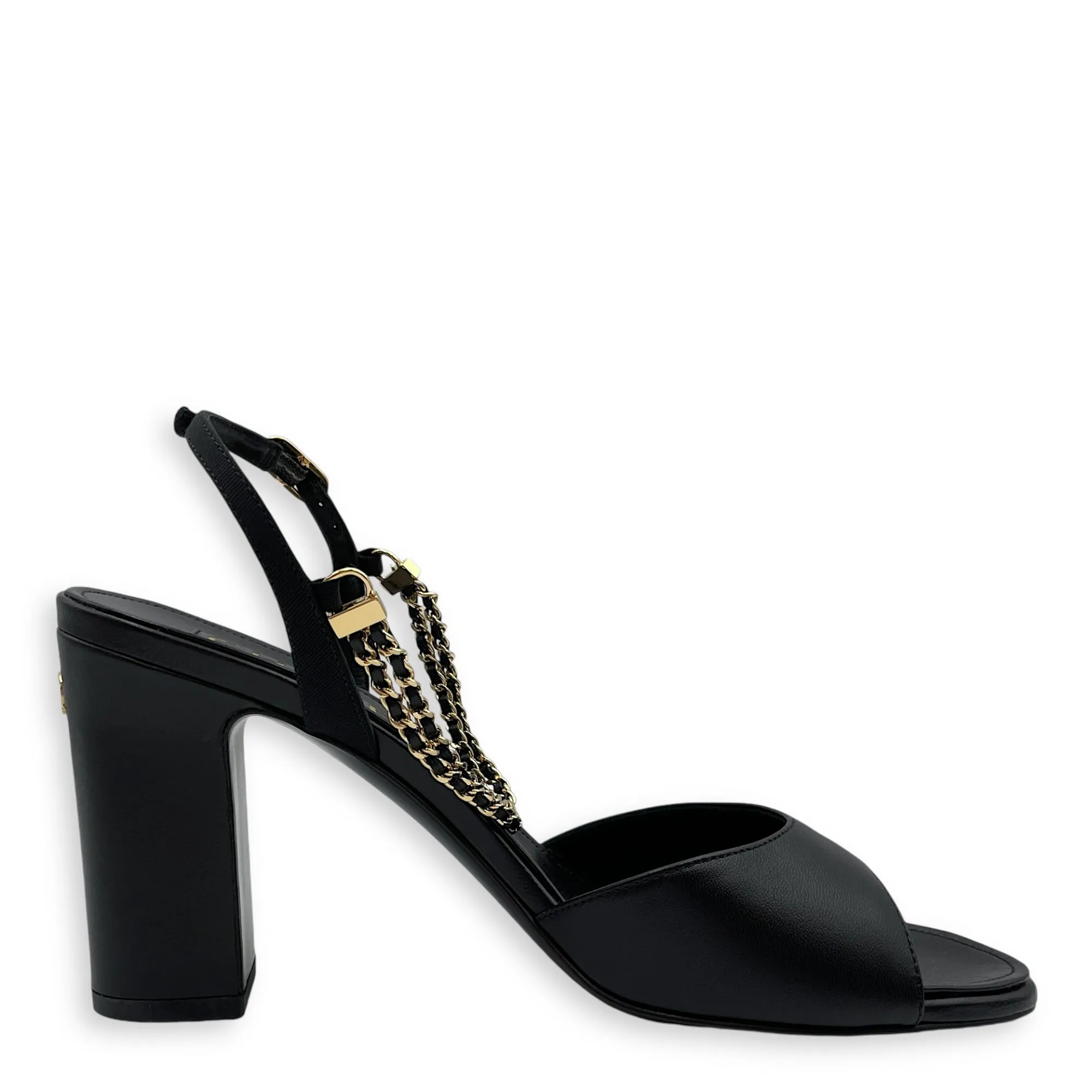 CC Chain Slingback (10cm) 37.5C Black Heels in Lambskin, Gold hardware