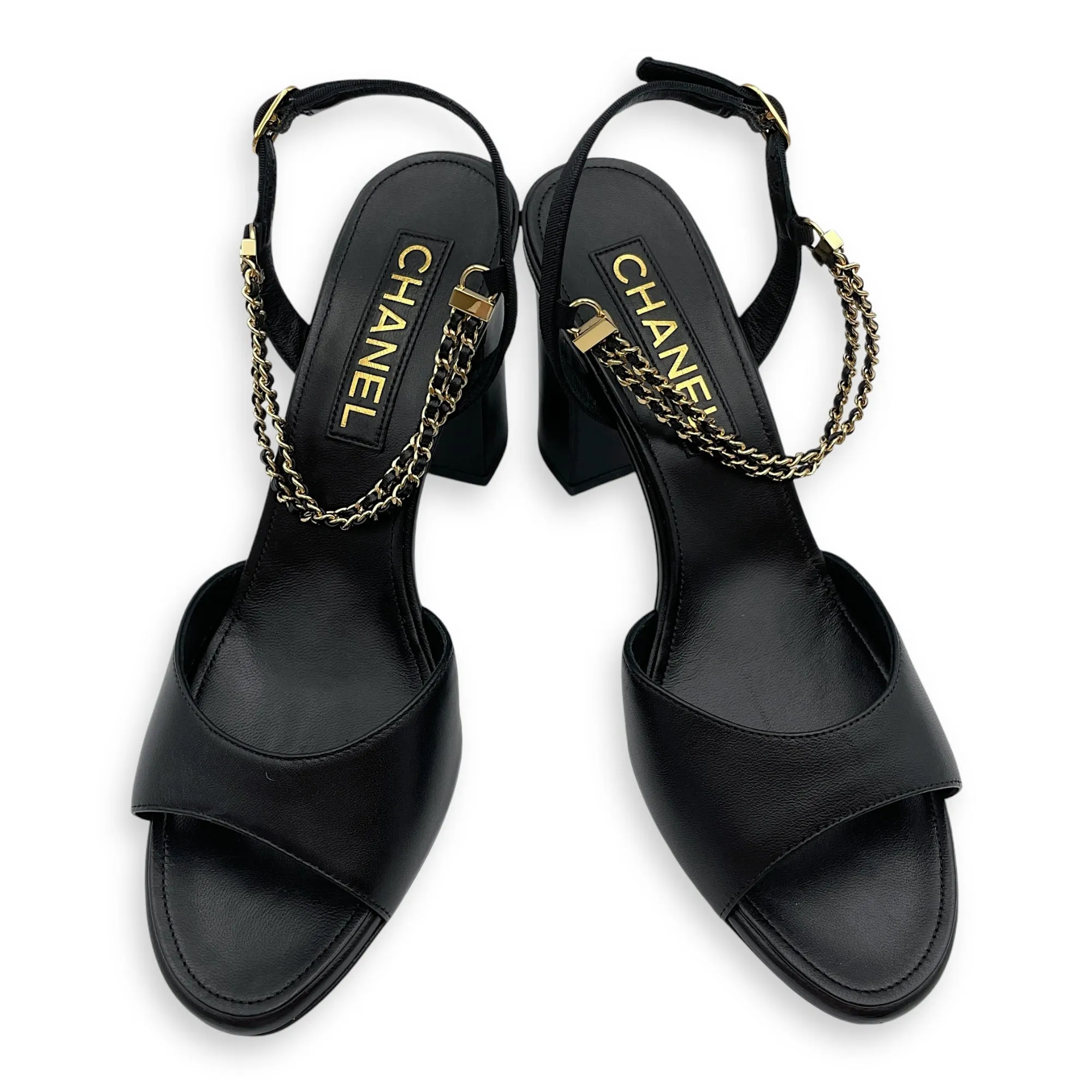 CC Chain Slingback (10cm) 37.5C Black Heels in Lambskin, Gold hardware