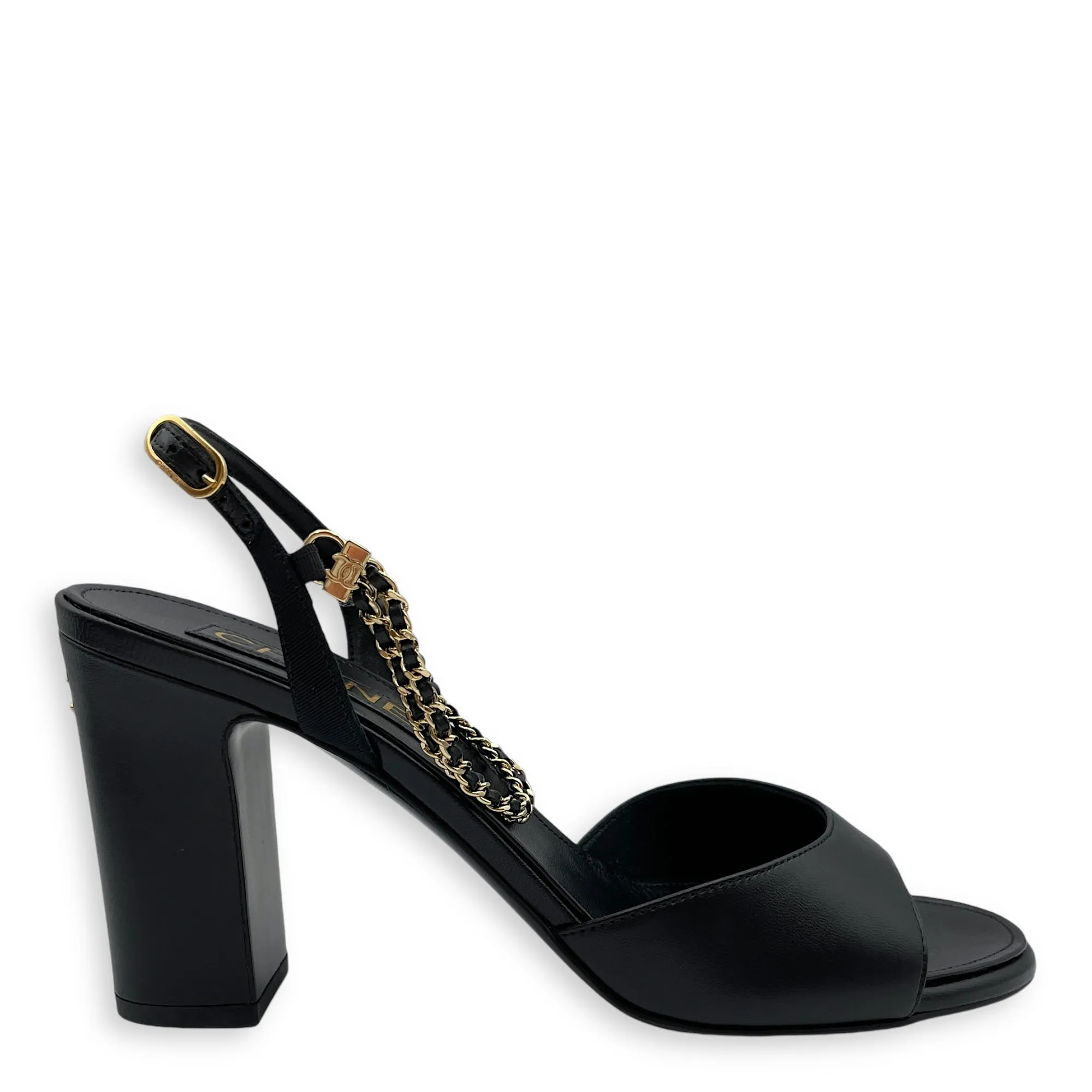 CC Chain Slingback (10cm) 37.5C Black Heels in Lambskin, Gold hardware