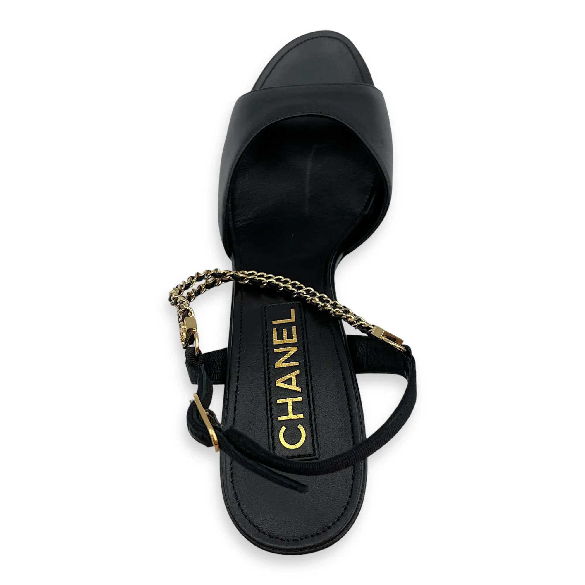 CC Chain Slingback (10cm) 37.5C Black Heels in Lambskin, Gold hardware