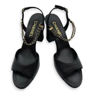 CC Chain Slingback (10cm) 37.5C Black Heels in Lambskin, Gold hardware