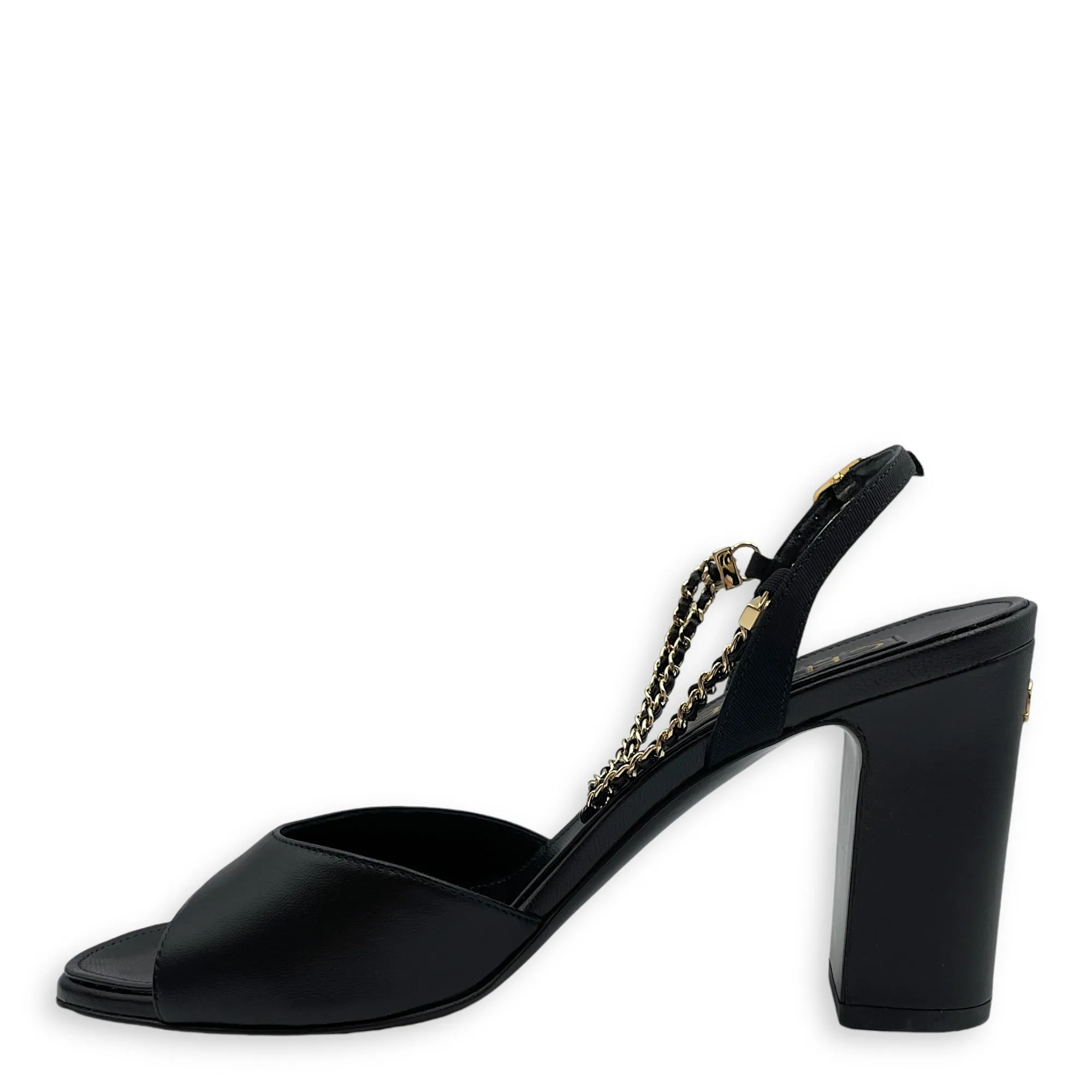 CC Chain Slingback (10cm) 37.5C Black Heels in Lambskin, Gold hardware