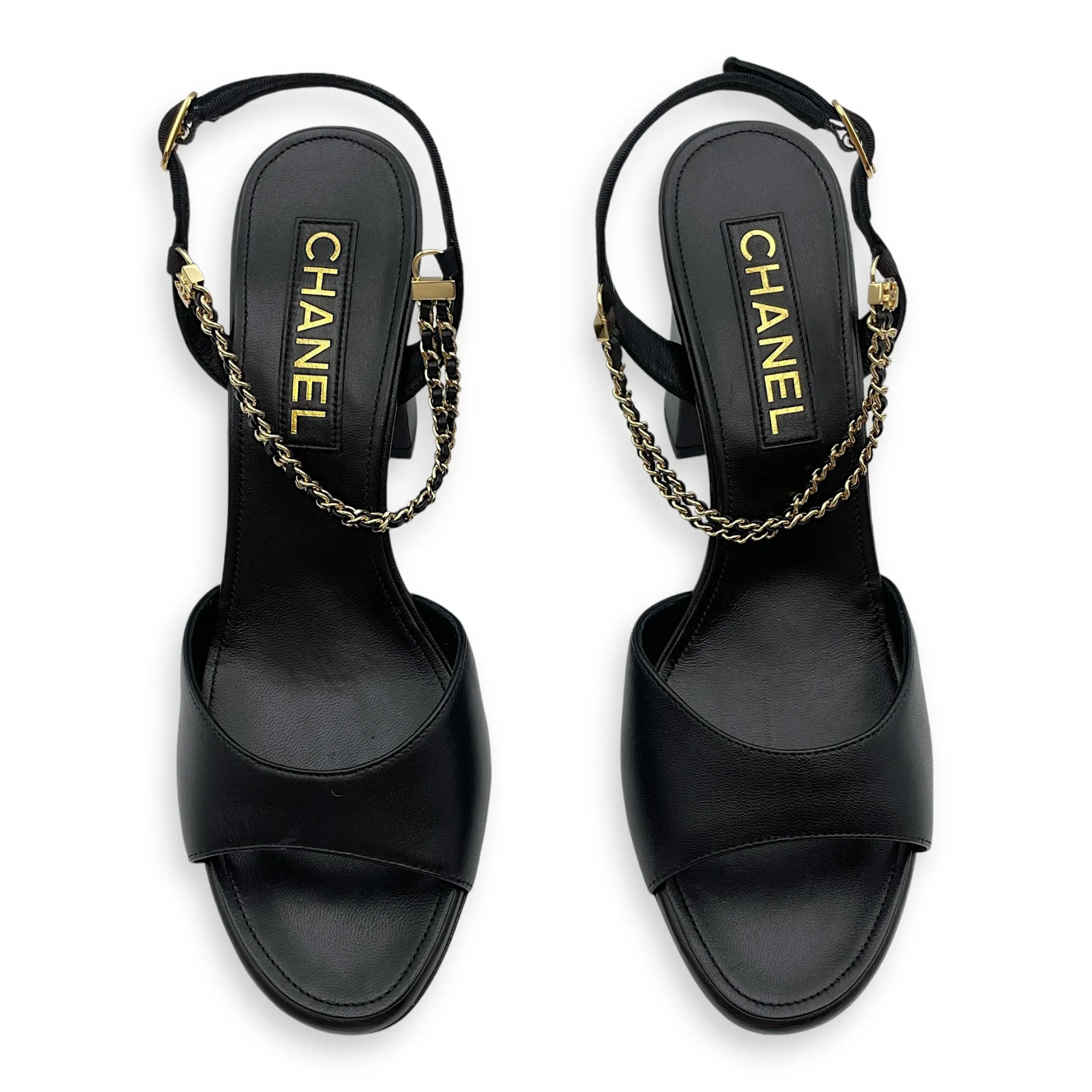 CC Chain Slingback (10cm) 37.5C Black Heels in Lambskin, Gold hardware