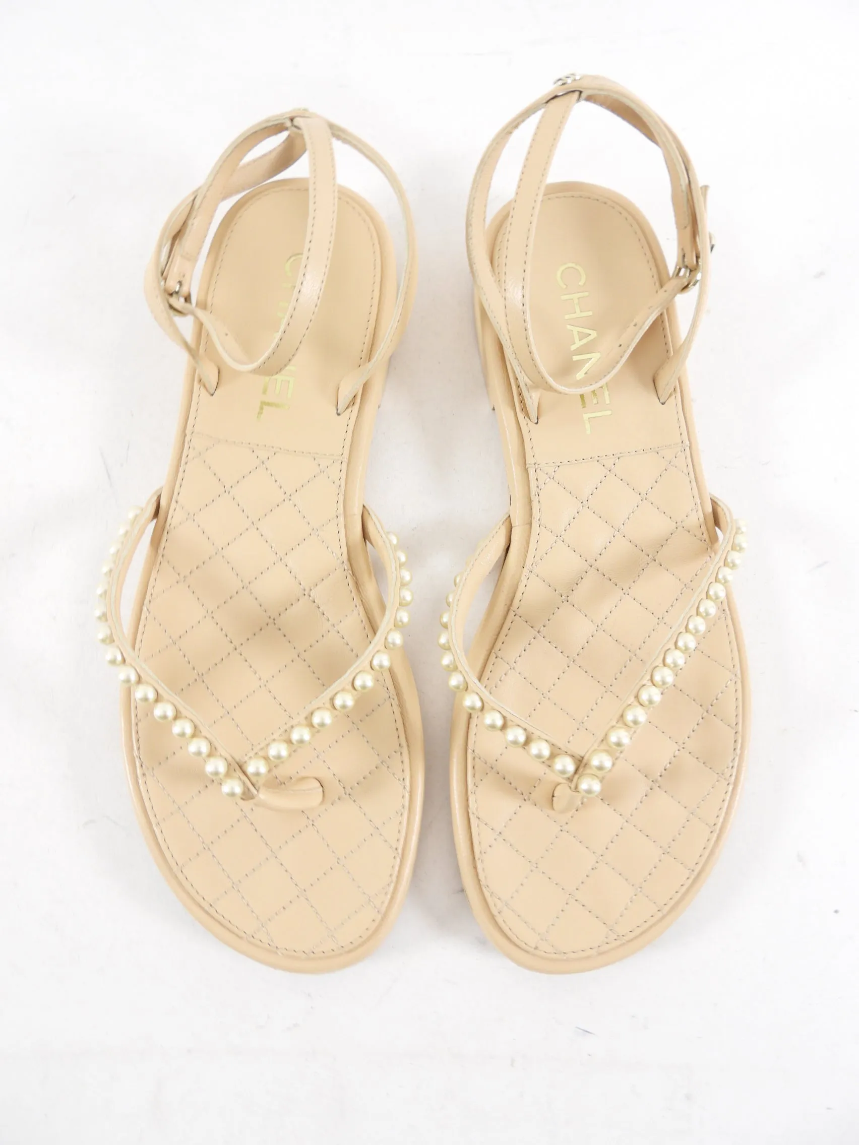 Chanel Beige Quilted Faux Pearl Thong Flat Sandals - 37 / 7