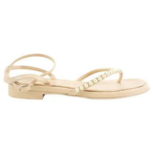 Chanel Beige Quilted Faux Pearl Thong Flat Sandals - 37 / 7