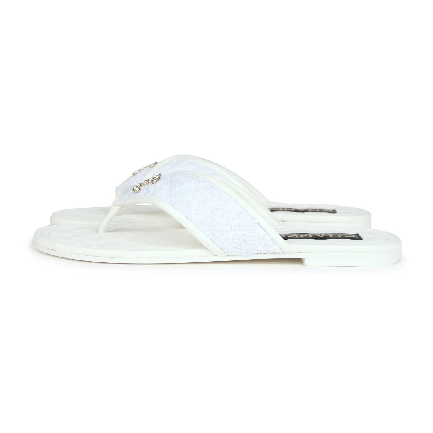 Chanel CC Logo Thong Sandals White Lambskin & Tweed 38 EU Gold Hardware
