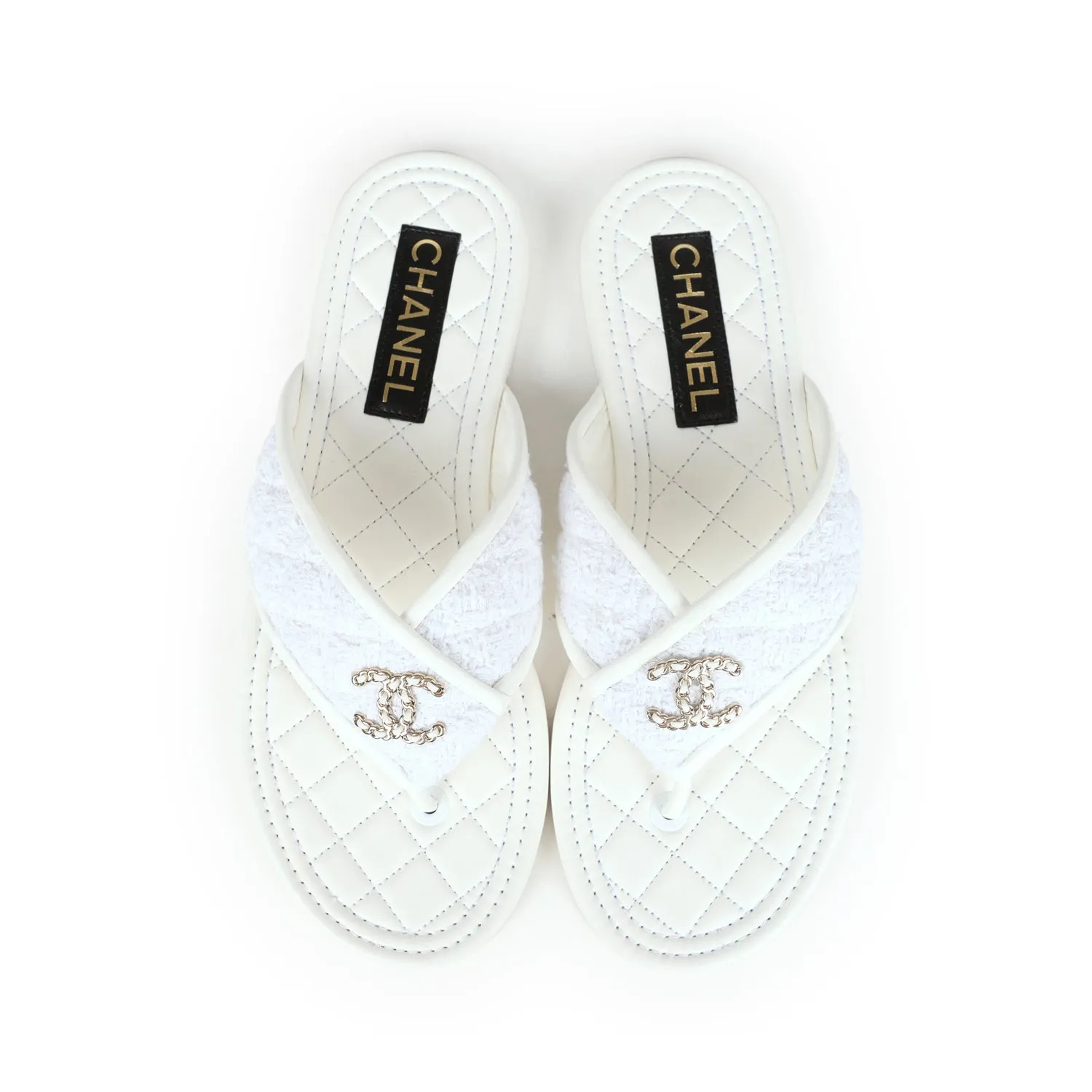 Chanel CC Logo Thong Sandals White Lambskin & Tweed 38 EU Gold Hardware