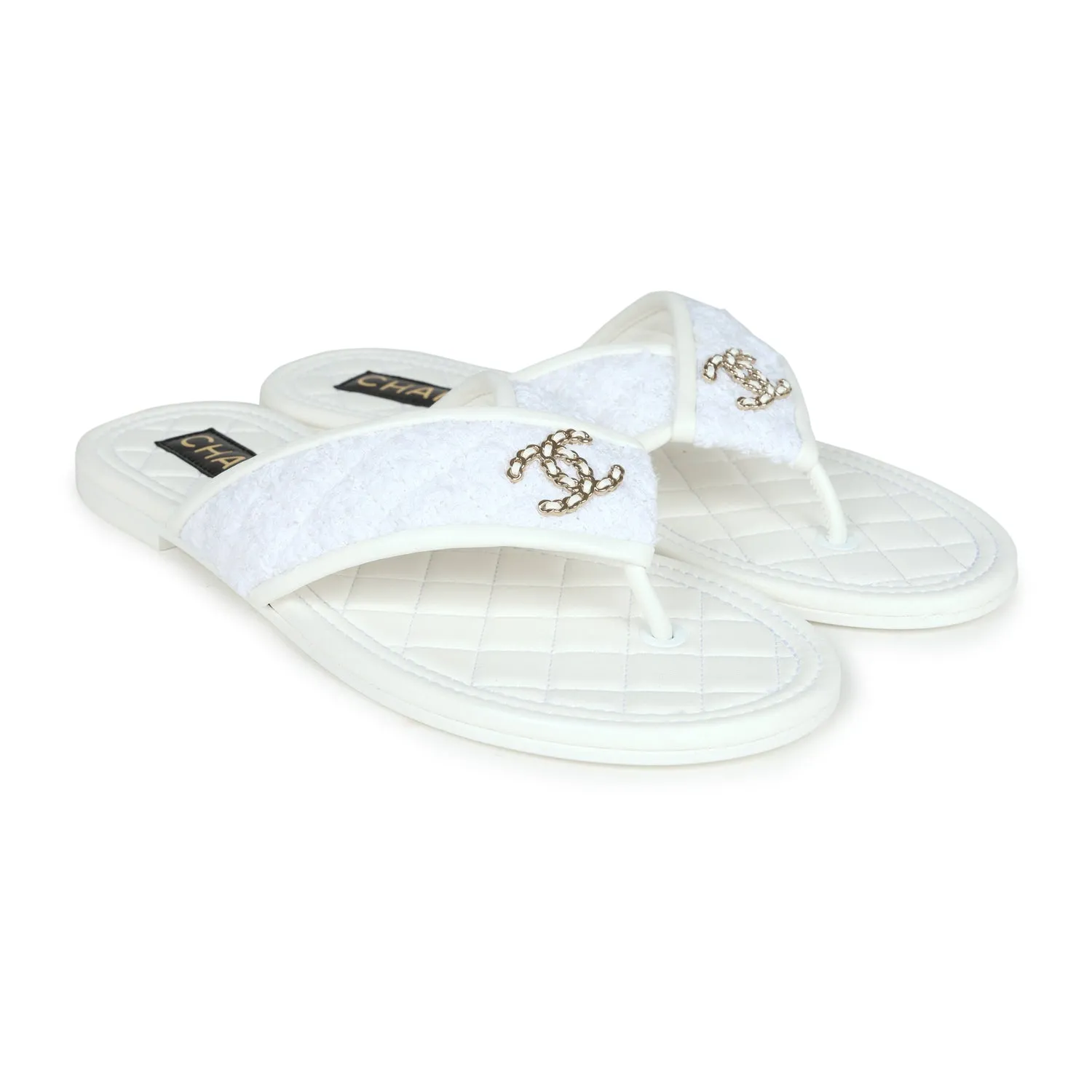 Chanel CC Logo Thong Sandals White Lambskin & Tweed 38 EU Gold Hardware