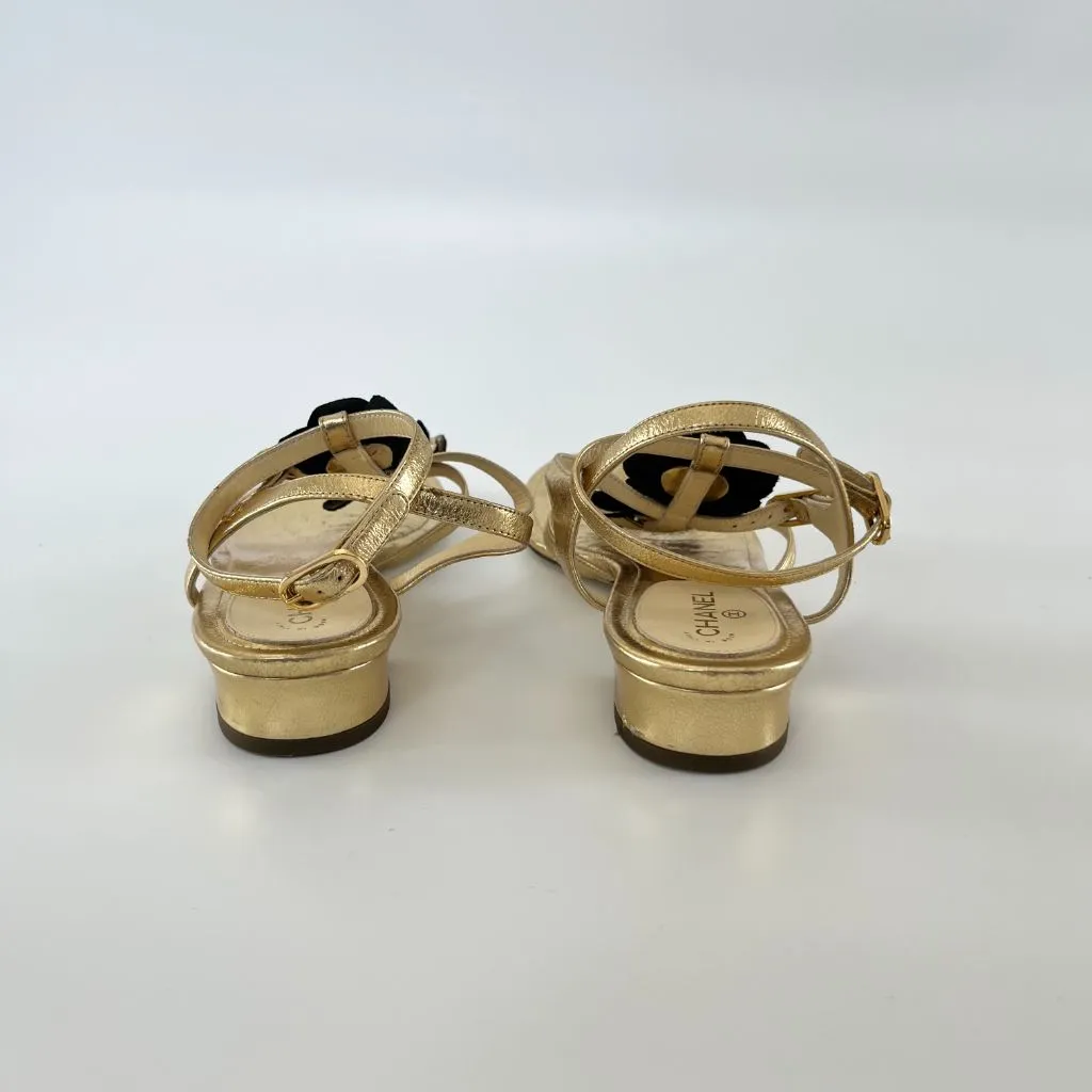Chanel Gold Thong Floral Applique Sandalss, 39.5C