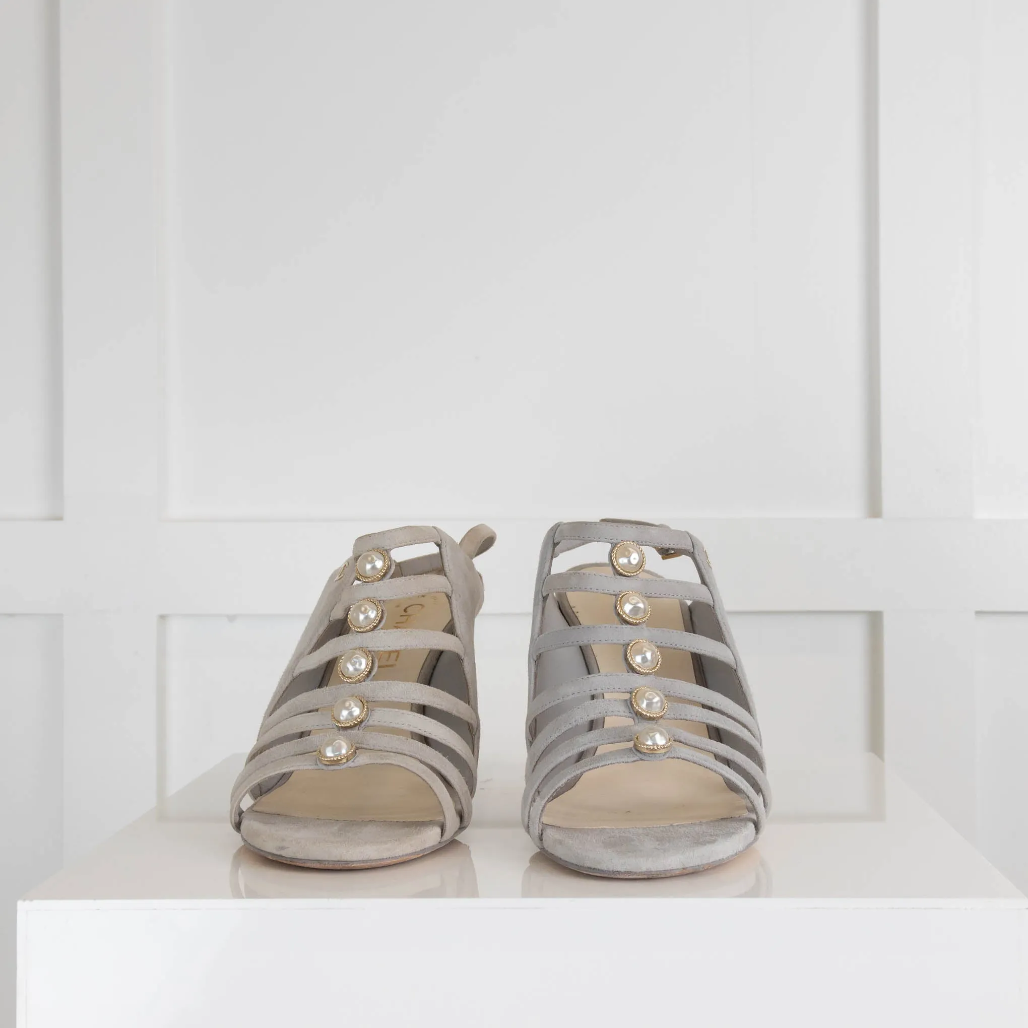 Chanel Grey Pearl Detail Open Toe Heel Sandals