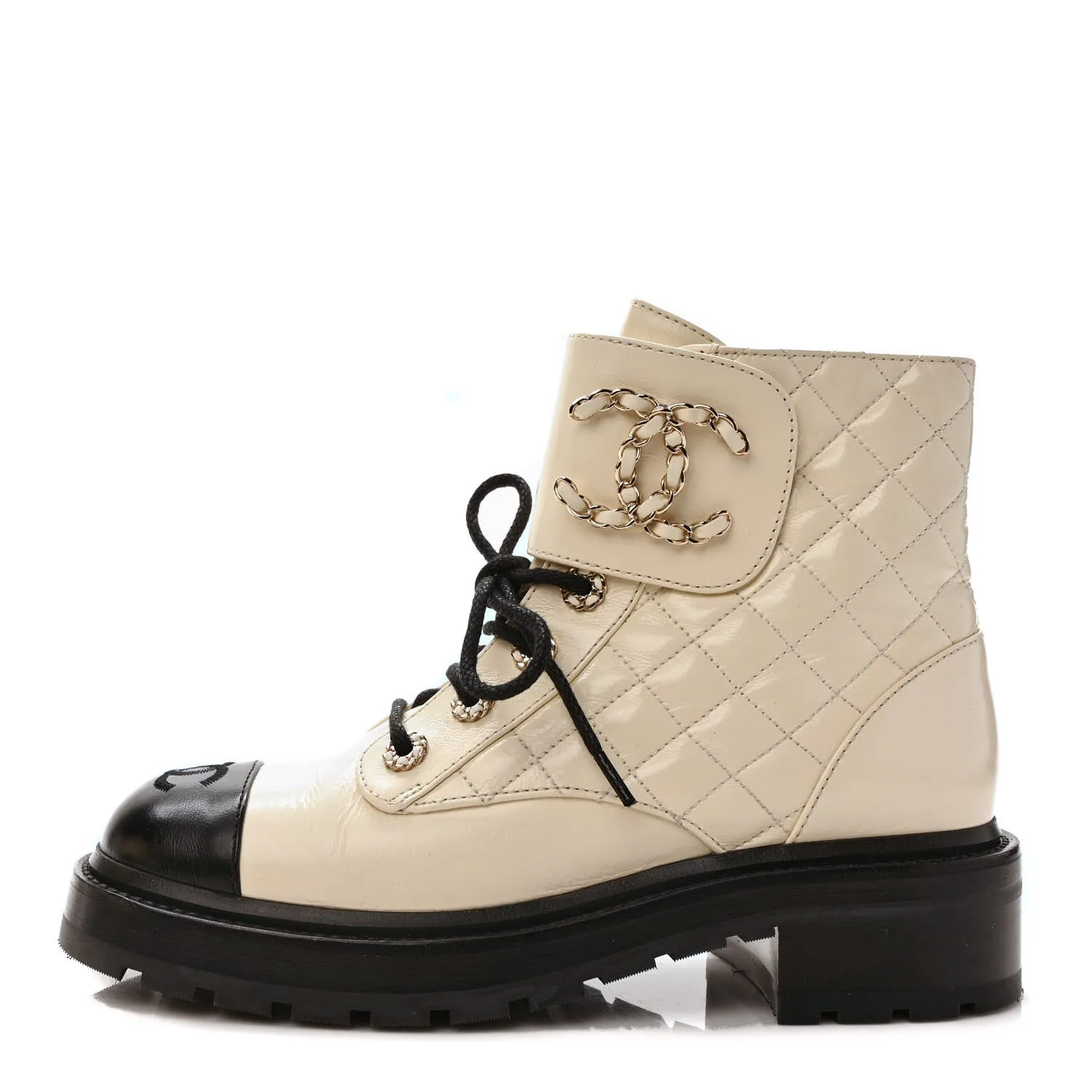 CHANEL SHINY GOATSKIN QUILTED CALFSKIN LACE UP COMBAT BOOTS