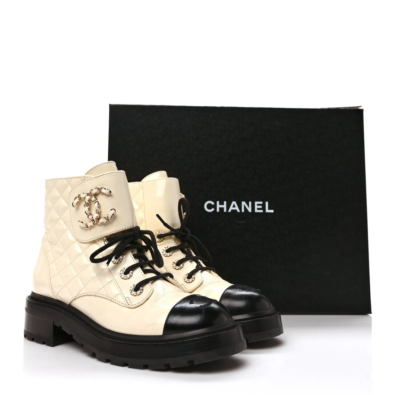 CHANEL SHINY GOATSKIN QUILTED CALFSKIN LACE UP COMBAT BOOTS
