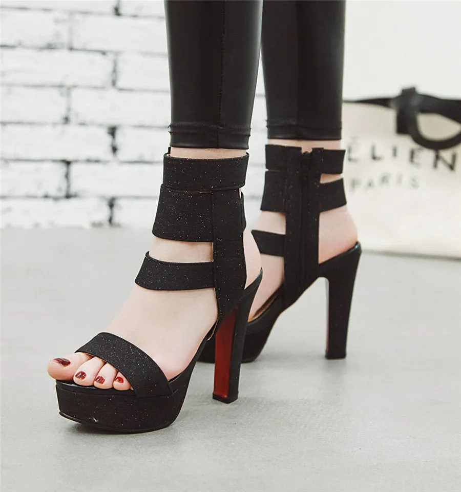Chunky High Heel Glitter Strap Zipper Sandals