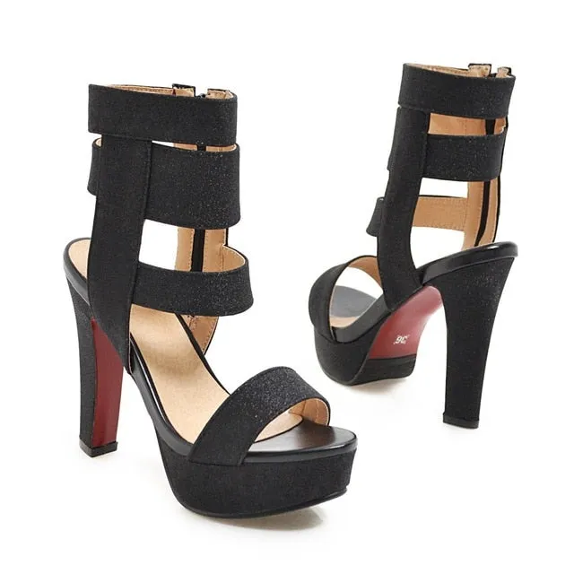 Chunky High Heel Glitter Strap Zipper Sandals