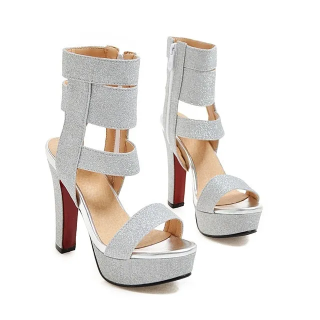 Chunky High Heel Glitter Strap Zipper Sandals